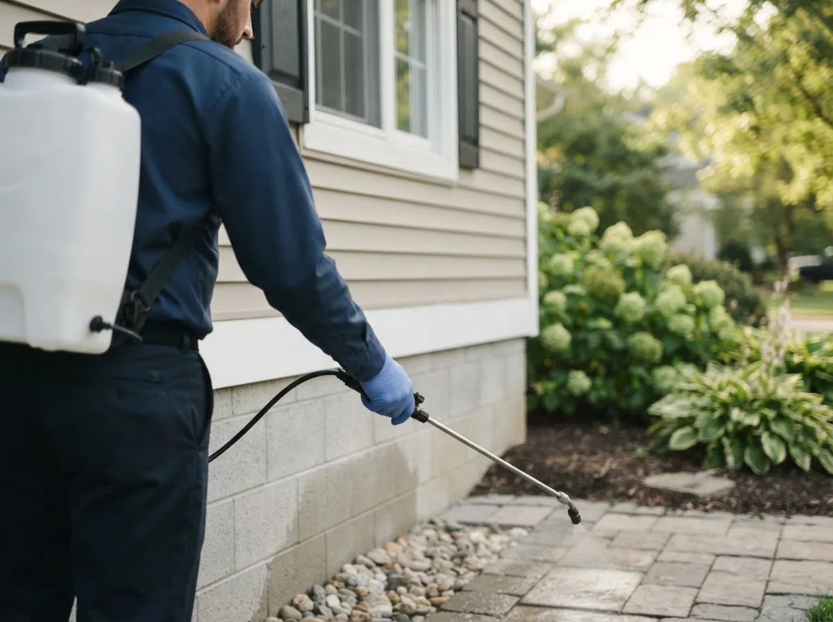 Pest control technician inspecting a home in Poynette, WI